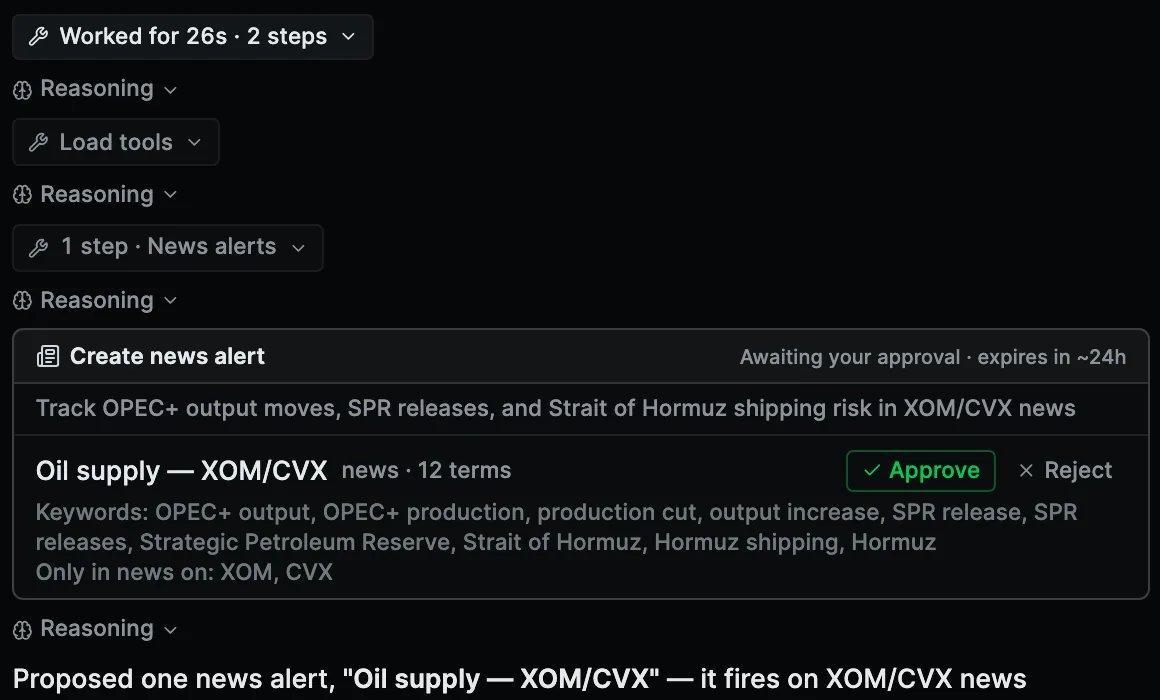 An Arcanan research reply proposing a news alert named Oil supply — XOM/CVX, awaiting approval, with the keywords OPEC+ output, OPEC+ production, production cut, output increase, SPR release, SPR releases, Strategic Petroleum Reserve, Strait of Hormuz, Hormuz shipping and Hormuz, only in news on XOM and CVX